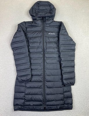 Columbia Coat Womens Small Black Lake 22 Long Hooded Down Jacket 650 FP Warm