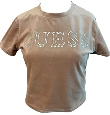 Guess Ladies Small Nude Tan Velvet Rhinestone Logo Crop Top FLAW MSRP $44