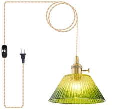 Plug in Pendant Light Vintage, Dimmable Pulley Hanging Lamp with Gradient Gre...