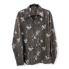 Men's 70s Vintage Floral Dagger Collar Button Down Shirt XL Disco Brown Bird LS