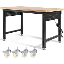 Adjustable Height Workbench Heavy Duty Table Rubber Wood Workstation