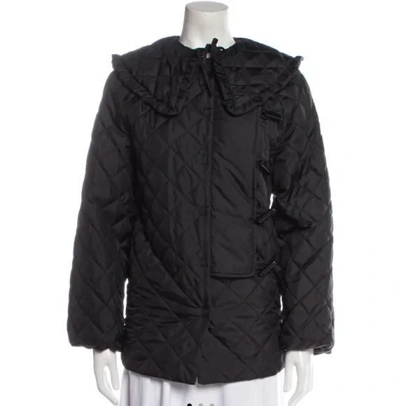 Ganni Black Ripstop Quilted Ruffle Trim Recycled Polyester Coat