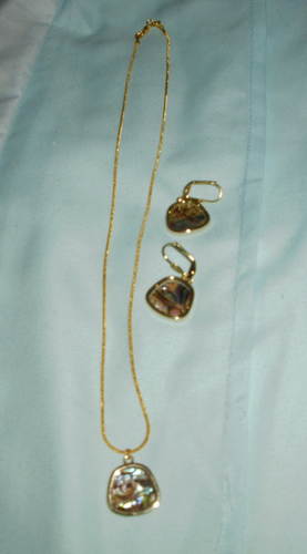 Gold Abalone Shell Earrings and Necklace Set for Pierced Ears
