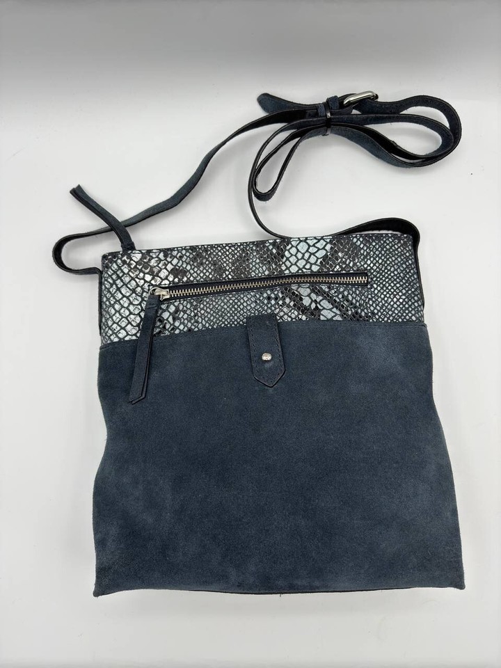 Next Leathers Blue Suede Tote Bag Snake Skin Pattern Drawstring