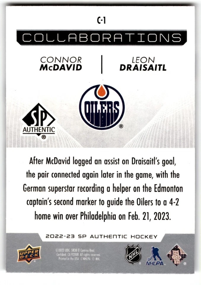 2022-23 SP Authentic Collaborations Connor McDavid/Leon Draisaitl #C-1 Edmonton - Image 2 of 2