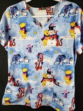 Disney Womens M Scrub Top Stretch V Neck Winter Winnie Pooh TIGGER Snowman