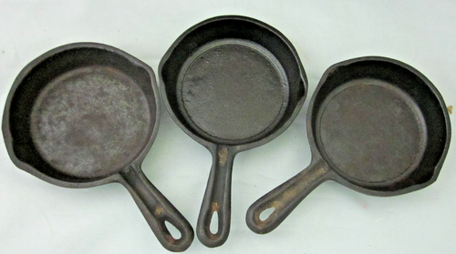 Vintage Lot von 3 Mini Gusseisen Pfannen - 3 1/2"