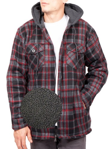 Chaqueta de franela con capucha pesada Sherpa polar a cuadros con capucha grande y alta para hombre - Imagen 28 de 72