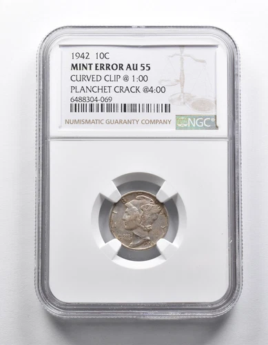 Mint Error AU55 1942 Mercury Dime Curved Clip Planchet Crack NGC *1889