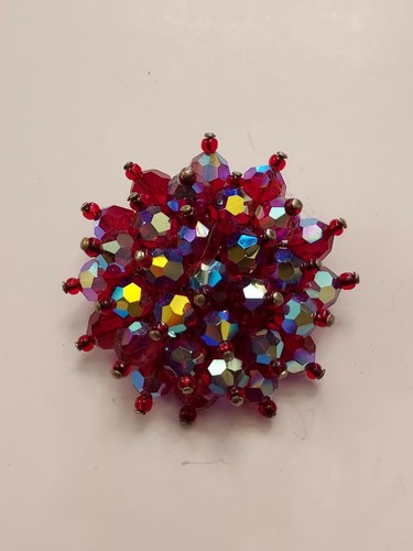 Brooch #478, Vintage Iridescent Red Cut-Glass Brooch