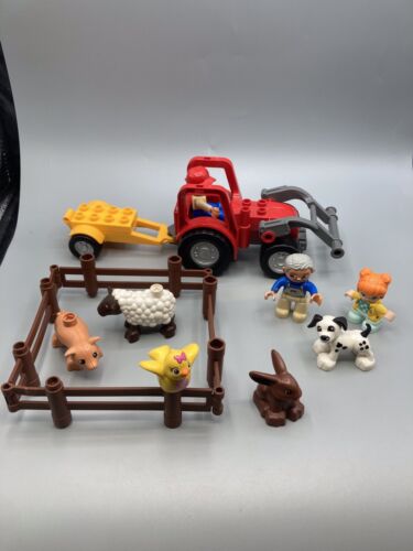 Duplo Farm Lot: Big Tractor 5647 + Trailer, 4 Fence + Animals, People Figures