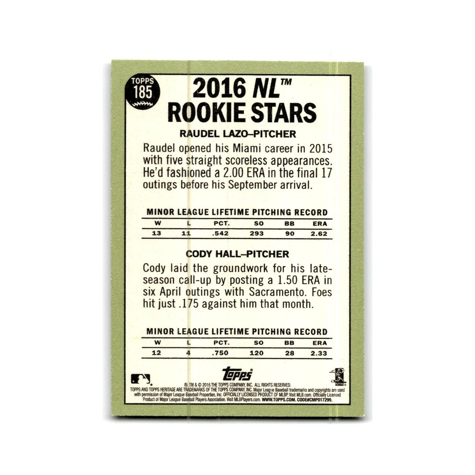 Cody Hall Raudel Lazo Rookie 2016 Topps Heritage #185 NM - Image 2 of 3