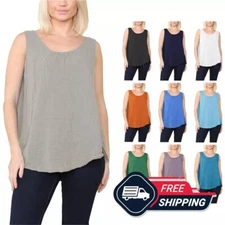 Women's Italian Sleeveless Ruched Vest Top Stretch Plain Round Neck T-Shirt