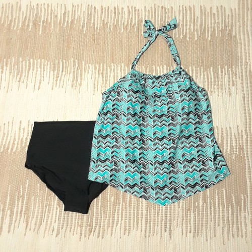 Sea & Sand Blue Swim Tankini Set, size 18 XL, NEW! Black Chevron Halter Brief