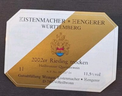 Wine Label 2002 Riesling Dry Box Maker Hengerer Württemberg 
