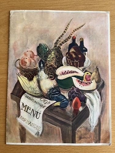 Original French Line SS Normandie Ocean Liner Dinner Menu Still Life Art 1937