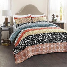 Lush Decor Bohemian Stripe Reversible Cotton Quilt Set, 3 Piece Set, King, Turqu
