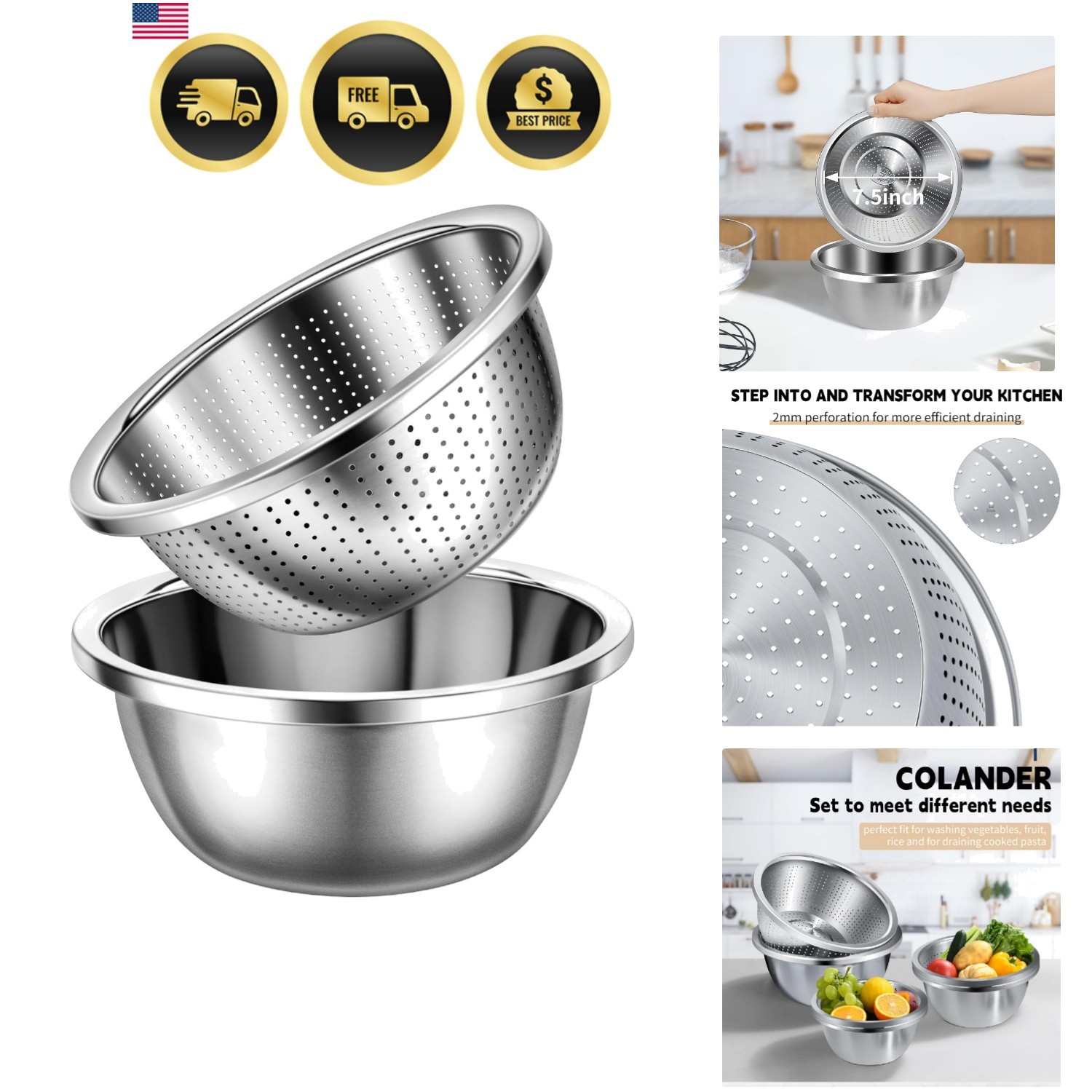 Colander Stainless Steel 3-quart with Bowls,Strainer for Kitchen2PC