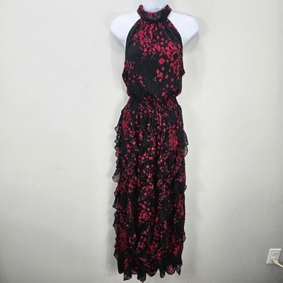 Ruffle Halter Maxi Dress L Black Red Floral Embellished Whimsigoth Fairy HOCO