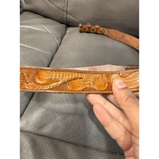 Vintage Western Hand Tooled Floral Leather Belt Cognac Brown Silver Buckle Boho