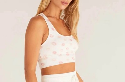 Z SUPPLY LOUNGE Sia Lip Crop Tank Bra Sz L White Pink Kisses Printed Racerback