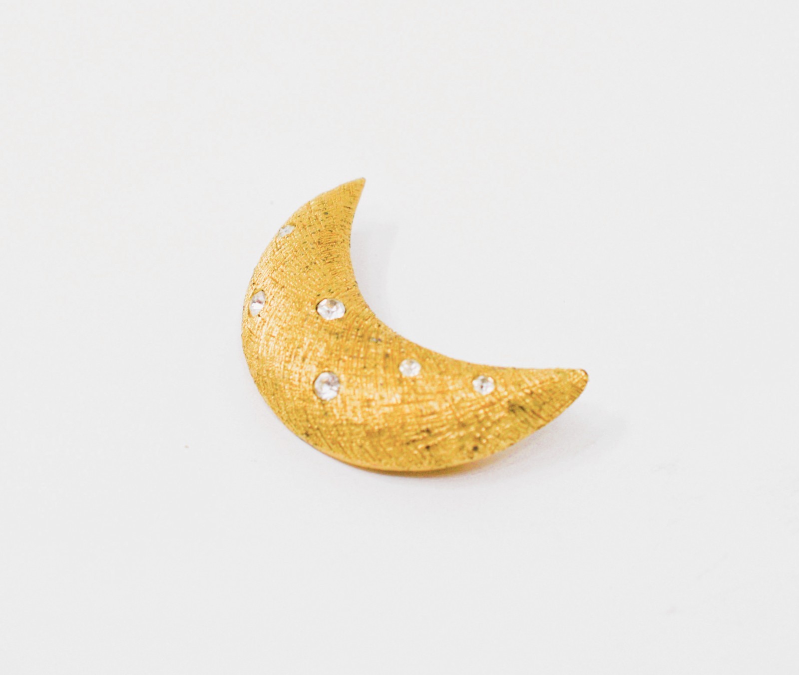 Vintage Chr Dior Crescent Moon Brooch Textured Gold Tone & Rhinestones - Signed