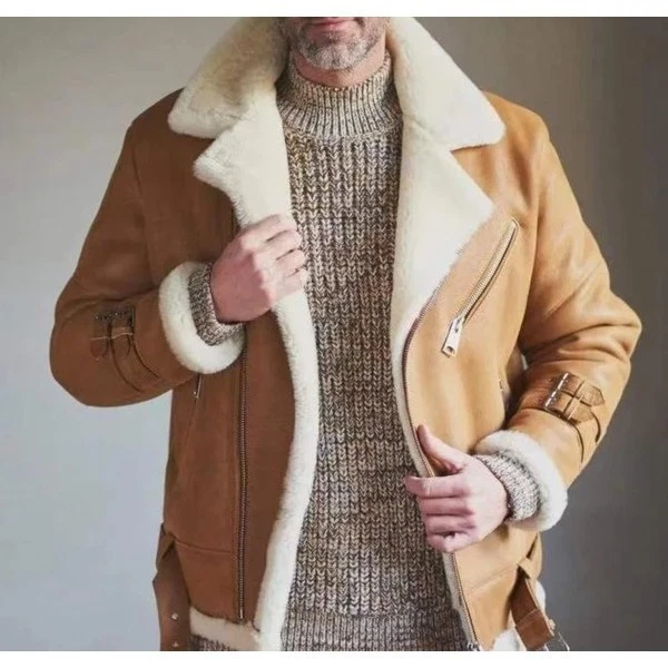 Abrigo de invierno para hombre de piel de oveja real de piel de oveja con forro de piel, marrón tostado Foto 2 de 4