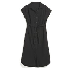 Old Navy Dress Womens Small Black Cap Sleeve Button Up Belted Midi Shirt Utility