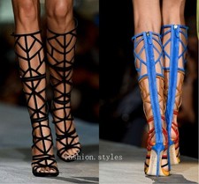 Gladiator Hollow Out Peep Toe Knee High Boots Women Sandals Punk Stilettos Heel