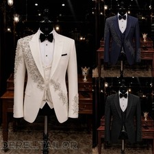 Men 3 Piece Beaded Suits Rhinestone Jacket Vest Pants Slim Wedding Groom Tuxedo