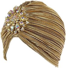 Vintage Turban Hat with Crystal Brooch Feather Turban Headwraps for 1920s Gatsb