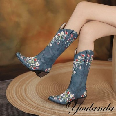 Western Women s Embroidery Floral Tall Mid Calf Boots Cowboy Knight Shoes