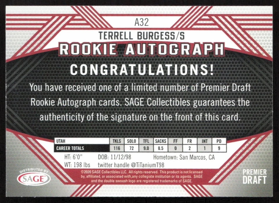 2020 SAGE HIT Rookie Autographs Red Terrell Burgess #A32 Utah Utes - Image 2 of 2