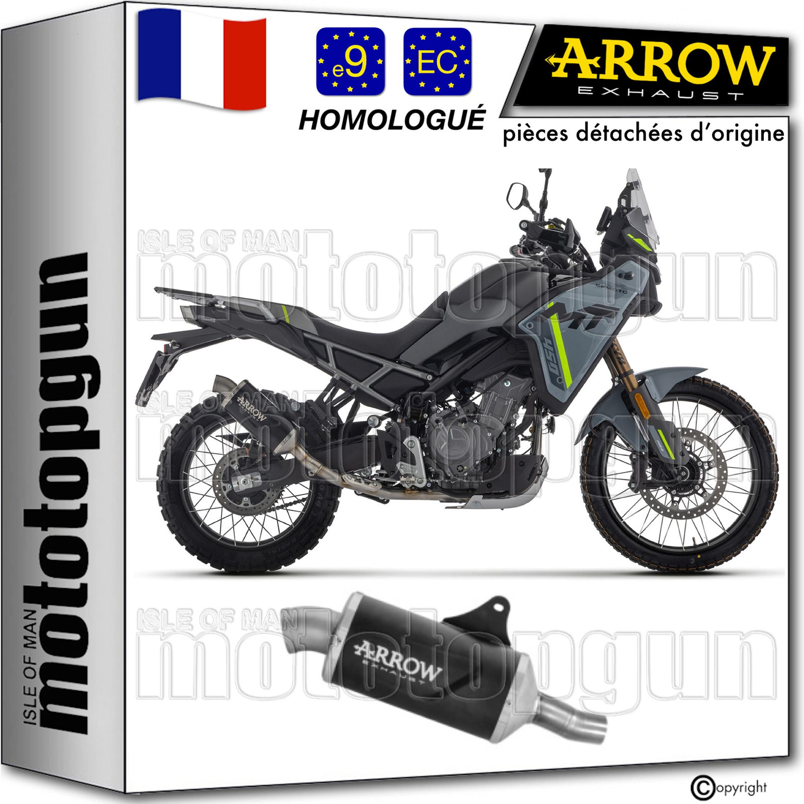 Echappement Arrow noir homologué pour équiper la CF Moto 450 MT en roadtrip
