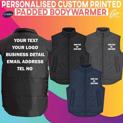 Personalisierte individuell bedruckte Uneek wattierte Bodywarmer Weste Arbeitskleidung Weste