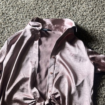 Express Satin Pink Collared Button Tie Front Women's XS Long Sleeve Blouse