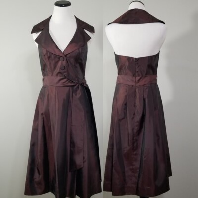 New BCBG Paris Halter Dress 6  Taffeta Shot Satin Red Black Rockabilly Bombshell