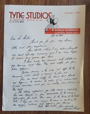 1948 Ronald Thompson, Modekünstler, Tyne Studios, Brief mit Newcastle-Kopf.