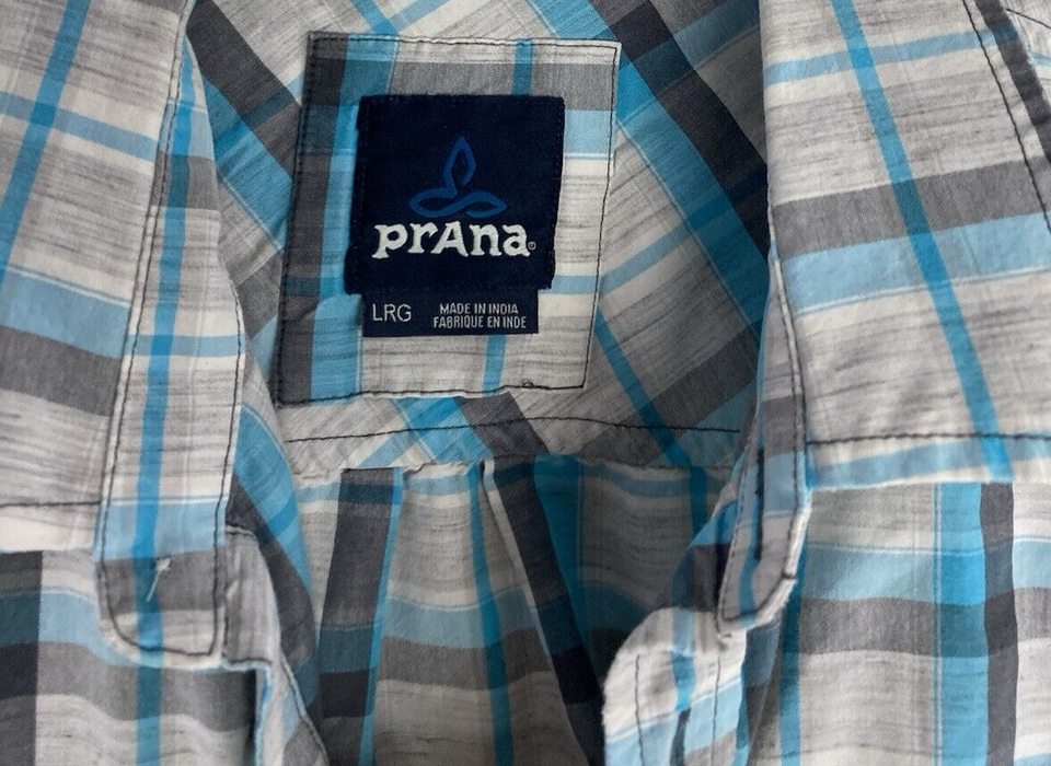Prana Shirt Men's Plaid Short Sleeve ButtonUp Casual Collar Blue White
