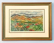 Impressionist Town In Mountains Watercolor Unsigned Framed & Matted Mid Century