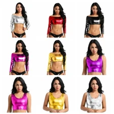 Womens Shiny Metallic Vest Slim Fit Tube Crop Top Tank Tops T-Shirt Blouse Shirt