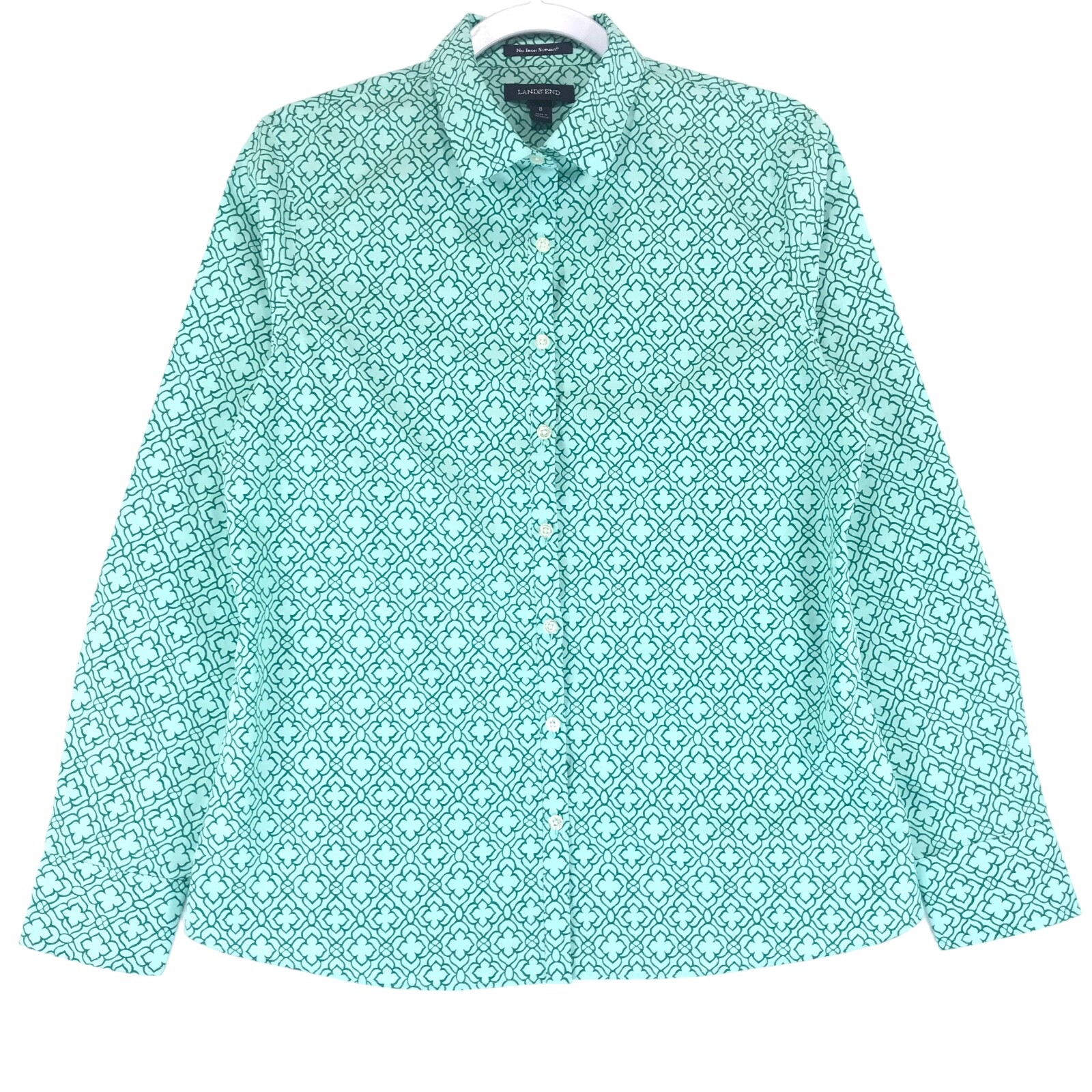 Lands End No Iron Button Up Shirt Women's 8 Green Cotton Long Sleeve eBay