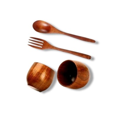 4 Teiliges Holzbesteck Holztasse Gabel Löffel Tasse Holz Geschirr Handgemacht