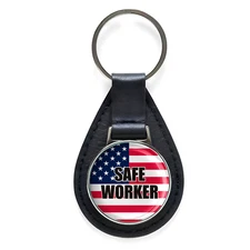Safe Worker American Flag Circle Black Leather Keychain Silver Keyring Military