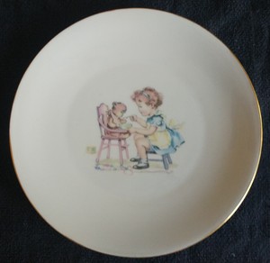 CUTE! Vintage Plate Dish Girl Feeding Teddy Bear in Highchair Bavaria Germany