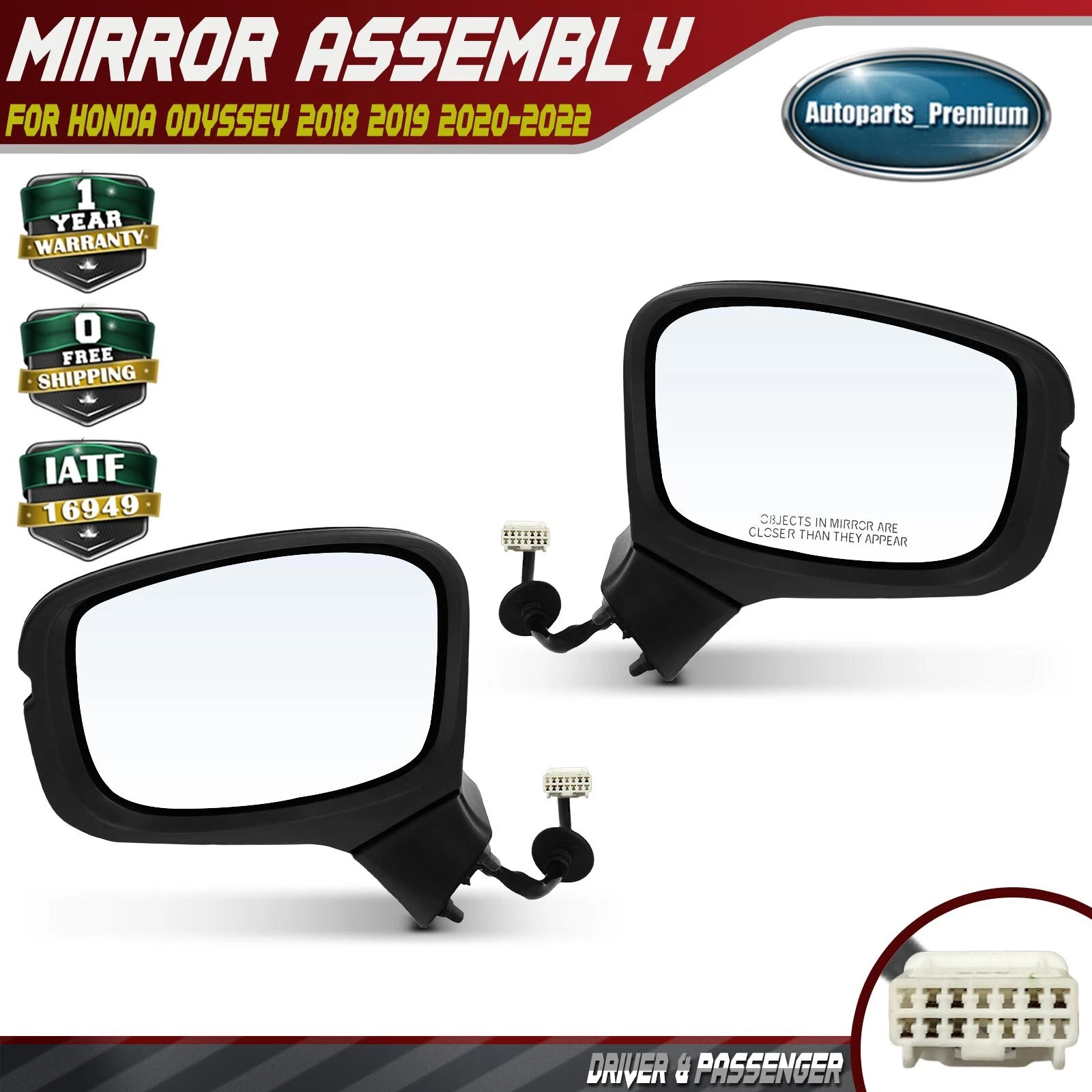 2x Power Mirror with Manual Folding Textured 3 Pins for Honda Odyssey 2018-2022