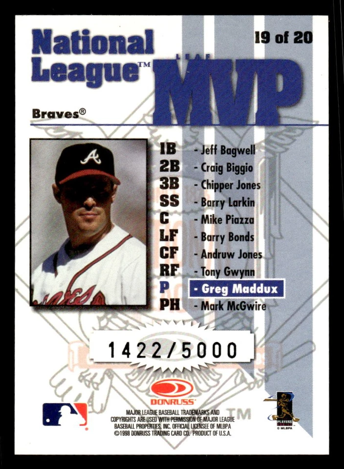 1998 LEAF ROOKIES & STARS GREG MADDUX 19 MINT LEAF MVPS 1422/5000 ATLANTA BRAVES - Image 2 of 2