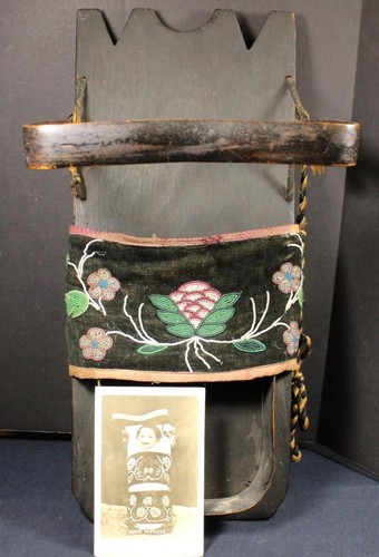 Original Antique Ojibwa Doll Cradleboard with Beadwork Wrap 17.5"X7.5" (Top