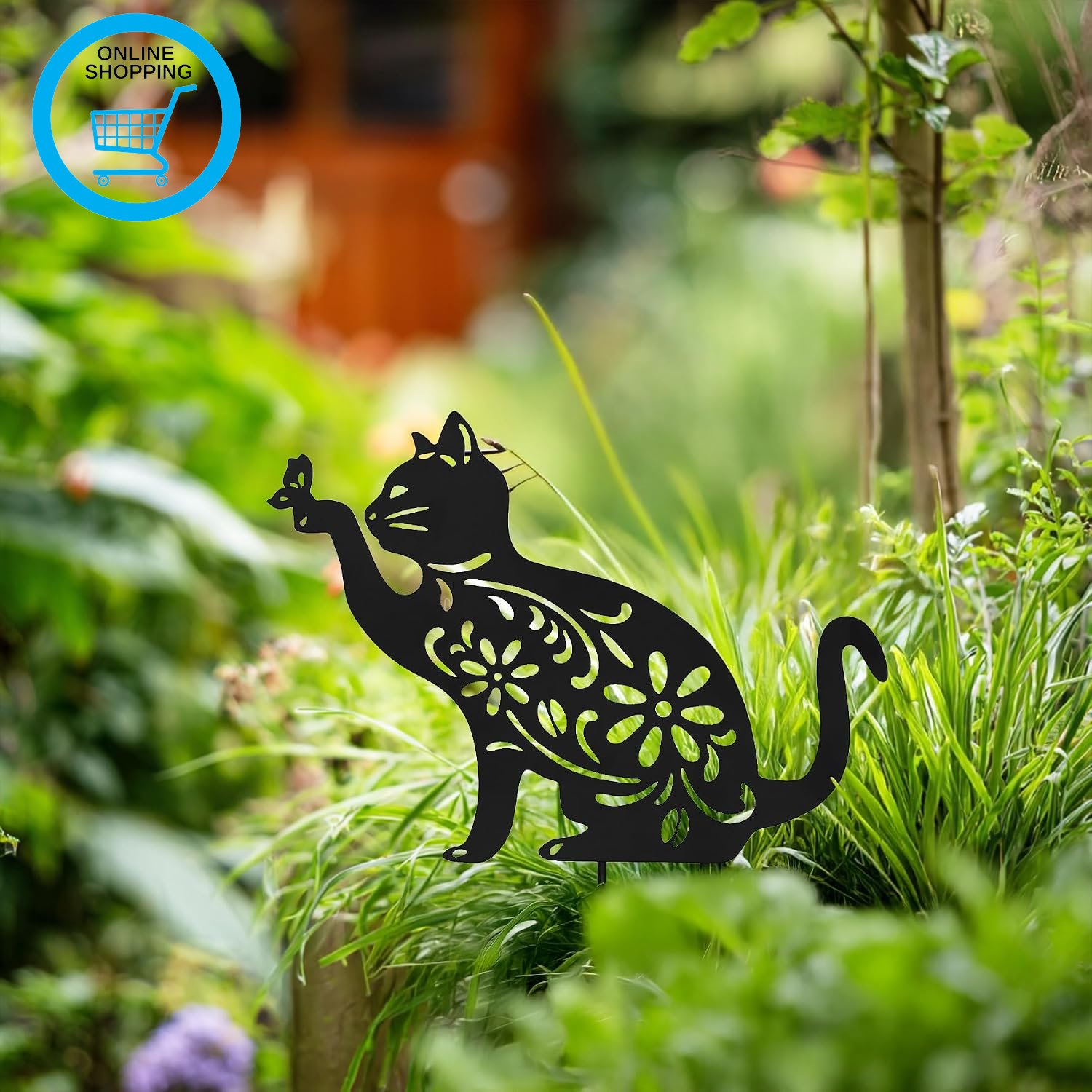 Metal Dog and Cat Stakes Garden Decorative Silhouette with Floral Pattern, Black