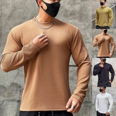 Brandneu Herren Struktur T-Shirt Langarm Lockere Passform Strukturstoff Einfarbig